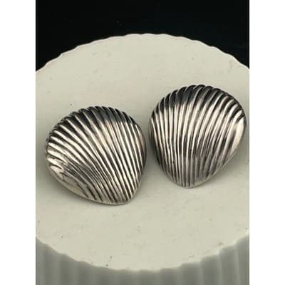 Vintage Sterling Silver Sculptural Shell Clip Earrings Ribbed 925 80's chunky - Thumbnail 10