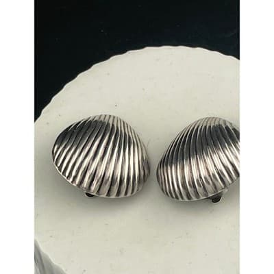 Vintage Sterling Silver Sculptural Shell Clip Earrings Ribbed 925 80's chunky - Thumbnail 11