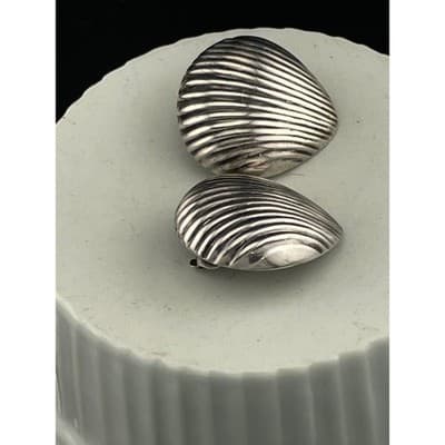 Vintage Sterling Silver Sculptural Shell Clip Earrings Ribbed 925 80's chunky - Thumbnail 12