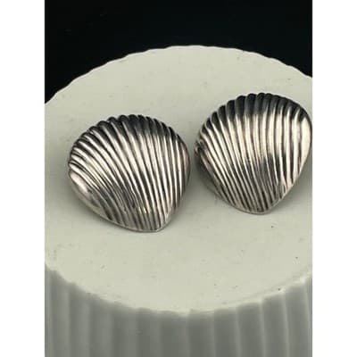 Vintage Sterling Silver Sculptural Shell Clip Earrings Ribbed 925 80's chunky - Thumbnail 13