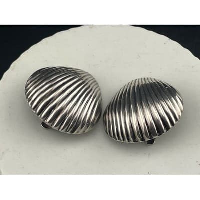 Vintage Sterling Silver Sculptural Shell Clip Earrings Ribbed 925 80's chunky - Thumbnail 8