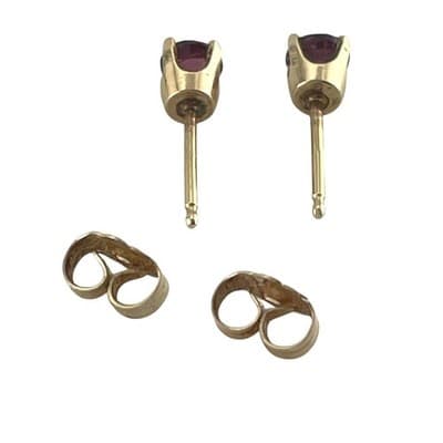 Vintage 14K Gold Ruby Stud Earrings 4mm Round Ruby Solitaire Basket Setting - Thumbnail 11
