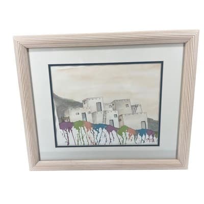 Signed Original Watercolor Painting Framed Southwest Adobe Village Art 1995 - Thumbnail 2