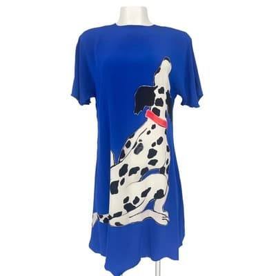 Vintage Yolanda Lorente Silk Dalmatian Dress Cobalt Blue Artwear Scarf 80s 90s - Thumbnail 2