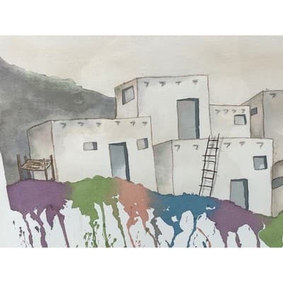 Signed Original Watercolor Painting Framed Southwest Adobe Village Art 1995 - Thumbnail 5