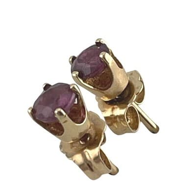 Vintage 14K Gold Ruby Stud Earrings 4mm Round Ruby Solitaire Basket Setting - Thumbnail 14