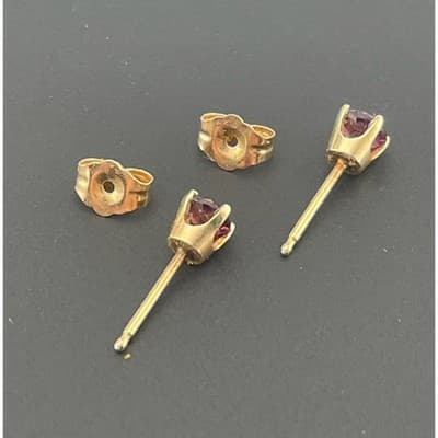 Vintage 14K Gold Ruby Stud Earrings 4mm Round Ruby Solitaire Basket Setting - Thumbnail 6