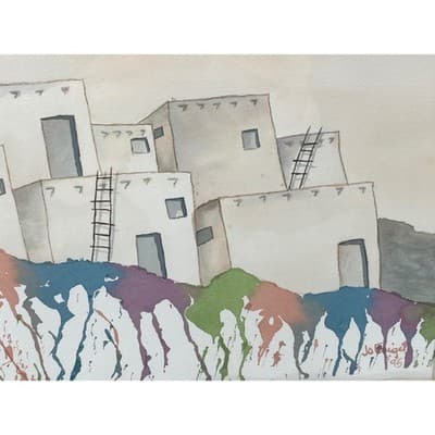 Signed Original Watercolor Painting Framed Southwest Adobe Village Art 1995 - Thumbnail 6