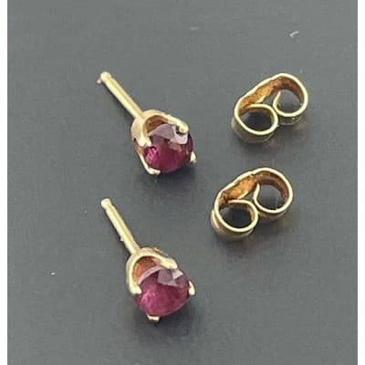 Vintage 14K Gold Ruby Stud Earrings 4mm Round Ruby Solitaire Basket Setting - Thumbnail 7