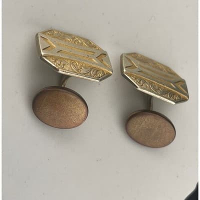 Gold Filled Art Deco Cufflinks Two Tone Etched Engine Turn Geometric Swivel Back - Thumbnail 3