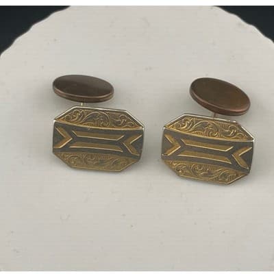Gold Filled Art Deco Cufflinks Two Tone Etched Engine Turn Geometric Swivel Back - Thumbnail 2
