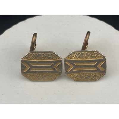 Gold Filled Art Deco Cufflinks Two Tone Etched Engine Turn Geometric Swivel Back - Thumbnail 6