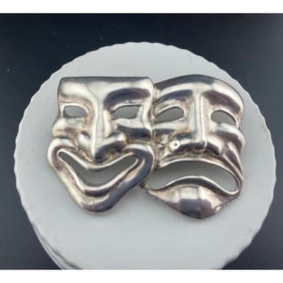 Vintage Sterling Silver Comedy Tragedy Mask Brooch 1950's Theater Pin statement - Thumbnail 2