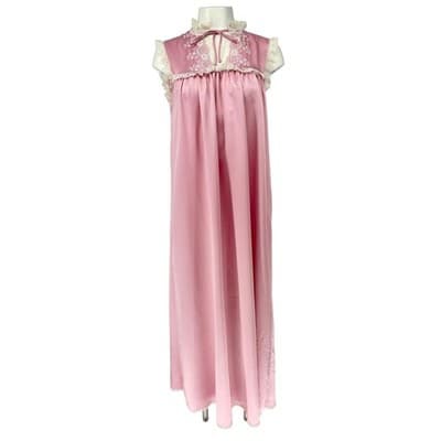 Vintage Eve Stillman Pink Lace Embroidered Hostess Nightgown Cottage Maxi Dress - Thumbnail 2