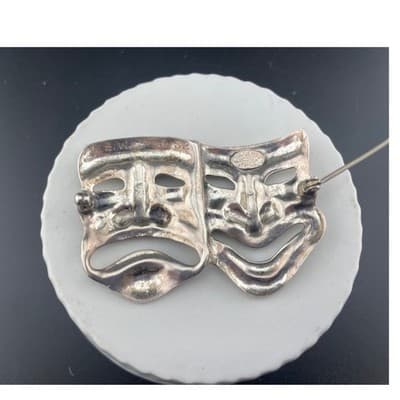 Vintage Sterling Silver Comedy Tragedy Mask Brooch 1950's Theater Pin statement - Thumbnail 7