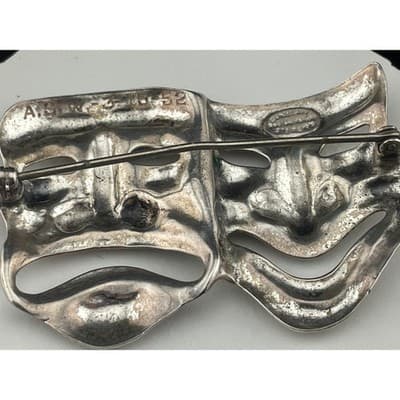 Vintage Sterling Silver Comedy Tragedy Mask Brooch 1950's Theater Pin statement - Thumbnail 9