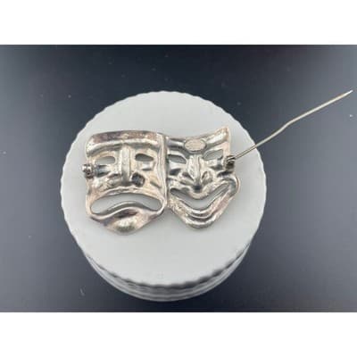 Vintage Sterling Silver Comedy Tragedy Mask Brooch 1950's Theater Pin statement - Thumbnail 8