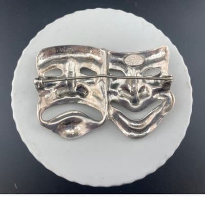 Vintage Sterling Silver Comedy Tragedy Mask Brooch 1950's Theater Pin statement - Thumbnail 6
