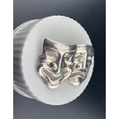 Vintage Sterling Silver Comedy Tragedy Mask Brooch 1950's Theater Pin statement - Thumbnail 3