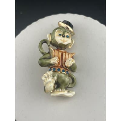 Vintage HAR Organ Grinder Monkey Brooch Enamel Figural Blue Rhinestone Belt Pin - Thumbnail 2