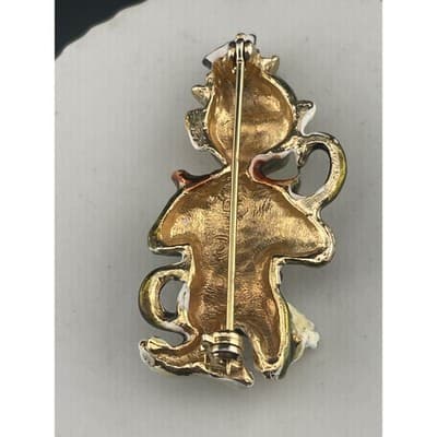 Vintage HAR Organ Grinder Monkey Brooch Enamel Figural Blue Rhinestone Belt Pin - Thumbnail 5