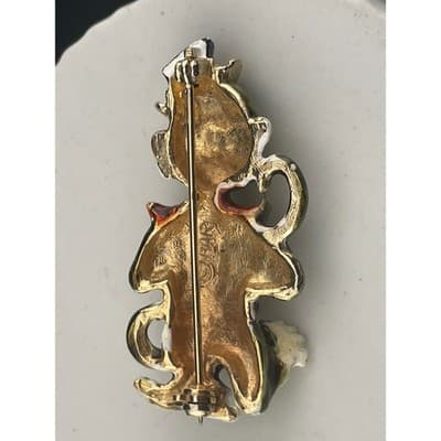Vintage HAR Organ Grinder Monkey Brooch Enamel Figural Blue Rhinestone Belt Pin - Thumbnail 6