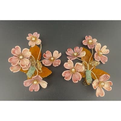 Vintage Lucite Floral Clip Earrings Pink Carved Flowers Beaded 3" ear climbers - Thumbnail 2