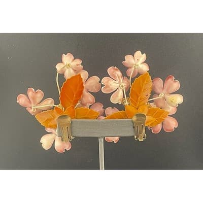 Vintage Lucite Floral Clip Earrings Pink Carved Flowers Beaded 3" ear climbers - Thumbnail 12