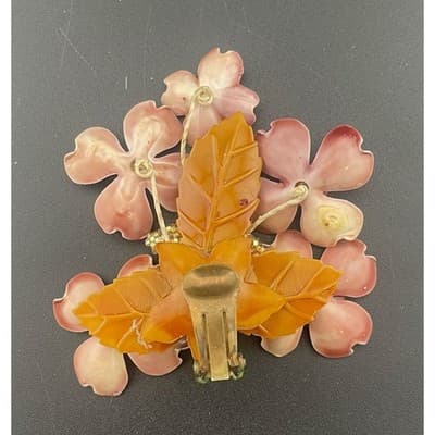 Vintage Lucite Floral Clip Earrings Pink Carved Flowers Beaded 3" ear climbers - Thumbnail 8
