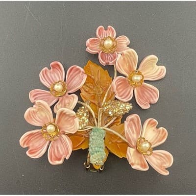 Vintage Lucite Floral Clip Earrings Pink Carved Flowers Beaded 3" ear climbers - Thumbnail 6