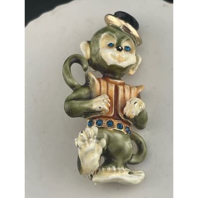 Vintage HAR Organ Grinder Monkey Brooch Enamel Figural Blue Rhinestone Belt Pin - Thumbnail 4