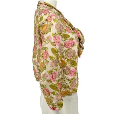 Vintage Adelaar Silk Floral Pussy Bow Blouse 40s 50s Pink Green Romantic Top - Thumbnail 4