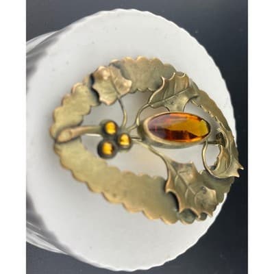 Antique JHP Danish Holly Brooch Brass Sash Pin Citrine Glass Art Nouveau - Thumbnail 4