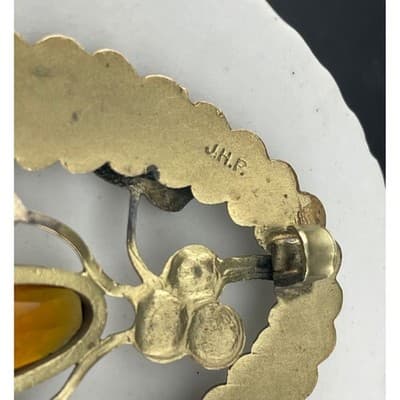 Antique JHP Danish Holly Brooch Brass Sash Pin Citrine Glass Art Nouveau - Thumbnail 11