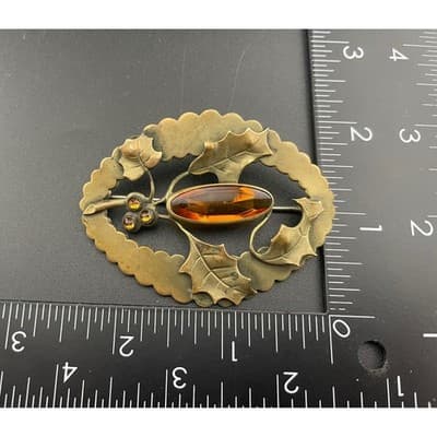 Antique JHP Danish Holly Brooch Brass Sash Pin Citrine Glass Art Nouveau - Thumbnail 12