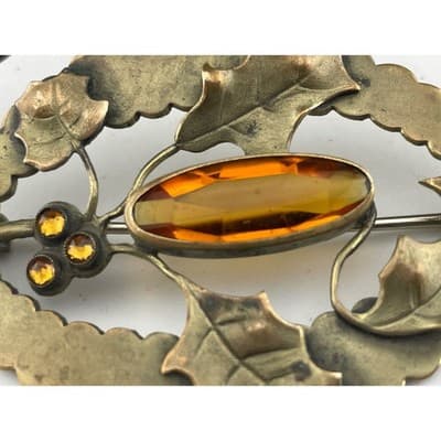 Antique JHP Danish Holly Brooch Brass Sash Pin Citrine Glass Art Nouveau - Thumbnail 2