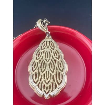 Vintage Crown Trifari Gold Tone Pendant Necklace Leaf Drop Statement 24" - Thumbnail 14