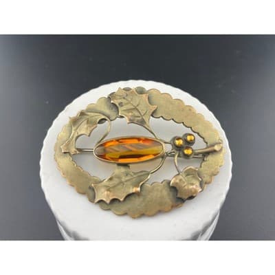 Antique JHP Danish Holly Brooch Brass Sash Pin Citrine Glass Art Nouveau - Thumbnail 3