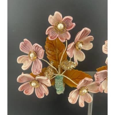 Vintage Lucite Floral Clip Earrings Pink Carved Flowers Beaded 3" ear climbers - Thumbnail 10