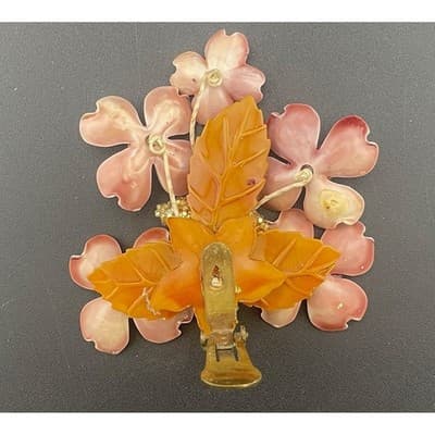 Vintage Lucite Floral Clip Earrings Pink Carved Flowers Beaded 3" ear climbers - Thumbnail 7