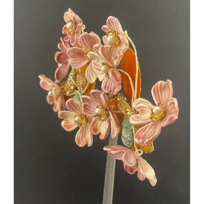 Vintage Lucite Floral Clip Earrings Pink Carved Flowers Beaded 3" ear climbers - Thumbnail 13
