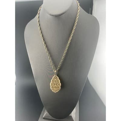 Vintage Crown Trifari Gold Tone Pendant Necklace Leaf Drop Statement 24" - Thumbnail 12