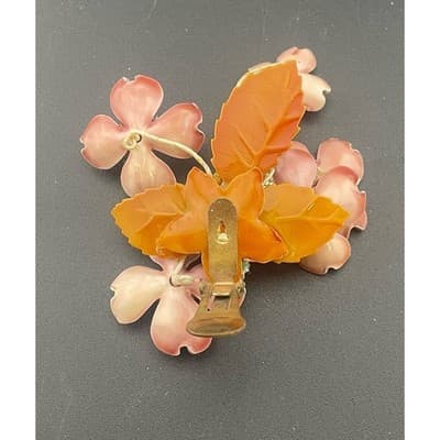 Vintage Lucite Floral Clip Earrings Pink Carved Flowers Beaded 3" ear climbers - Thumbnail 5