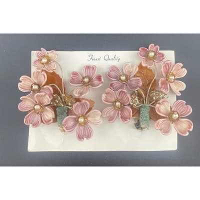 Vintage Lucite Floral Clip Earrings Pink Carved Flowers Beaded 3" ear climbers - Thumbnail 19