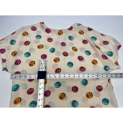 Vintage 1980s Silk Trompe L'Oeil Button Print Colorful Blouse Pop Art Top M/L - Thumbnail 10
