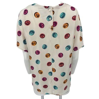 Vintage 1980s Silk Trompe L'Oeil Button Print Colorful Blouse Pop Art Top M/L - Thumbnail 4