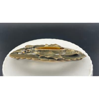 Antique JHP Danish Holly Brooch Brass Sash Pin Citrine Glass Art Nouveau - Thumbnail 6