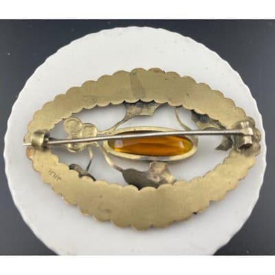 Antique JHP Danish Holly Brooch Brass Sash Pin Citrine Glass Art Nouveau - Thumbnail 9
