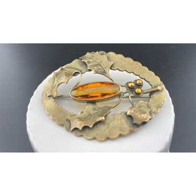 Antique JHP Danish Holly Brooch Brass Sash Pin Citrine Glass Art Nouveau - Thumbnail 8