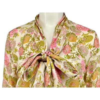 Vintage Adelaar Silk Floral Pussy Bow Blouse 40s 50s Pink Green Romantic Top - Thumbnail 2